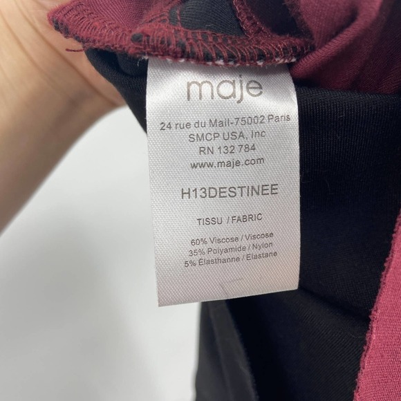 MAJE Destinee Burgundy Black Geometric Bodycon Sleeveless Mini Dress Size 3 - Picture 11 of 11